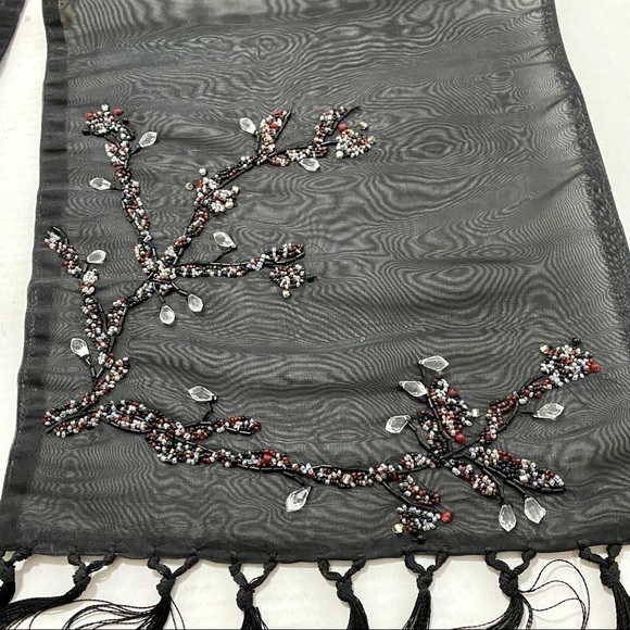 Black Embellished Table Runner OS Beaded Fringes Boho Goth Whimsy Sheer - Picture 3 of 6